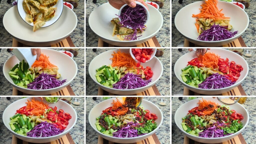 Assembling the Salad adding all ingredients in a salad mixing bowl