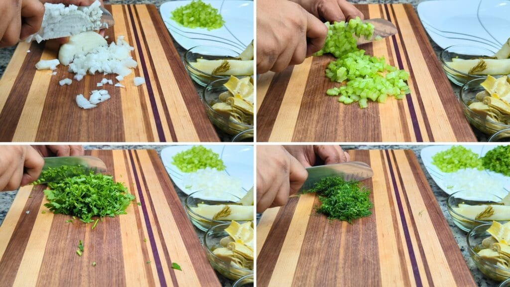Cutting onions Celery, Dill and Parsley
