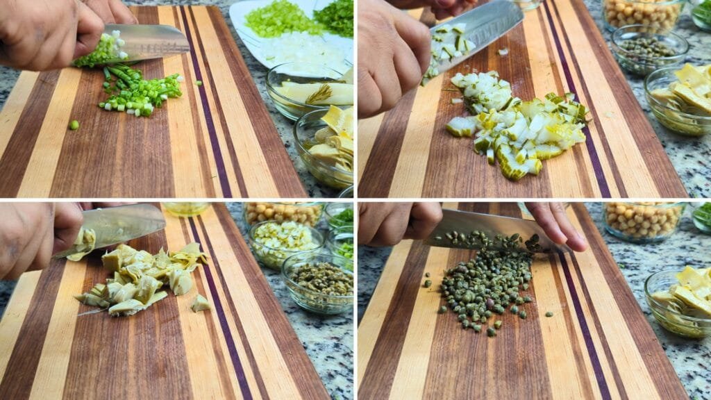Chopping Capers, Artichoke, Pickles and Scallions