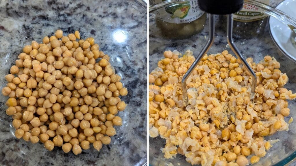 adding Chickpeas in a glass bowl and smashing them