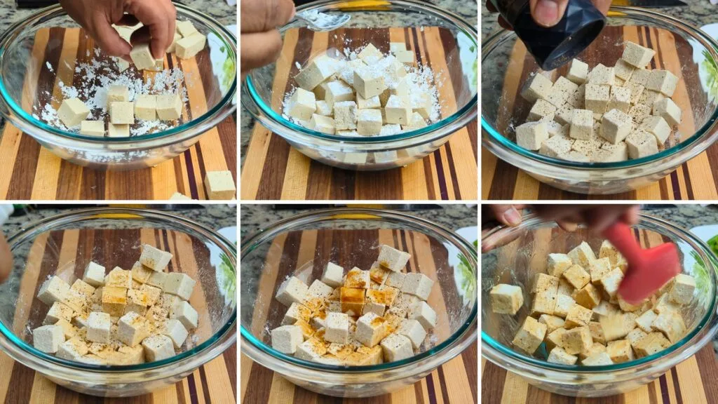 Transfer Tofu in a mixing Bowl and add Corn Starch, Soy Sauce and salt and Oil