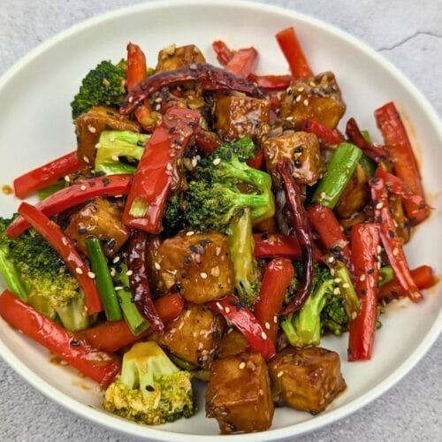 Mongolian Tofu is served in a white plate