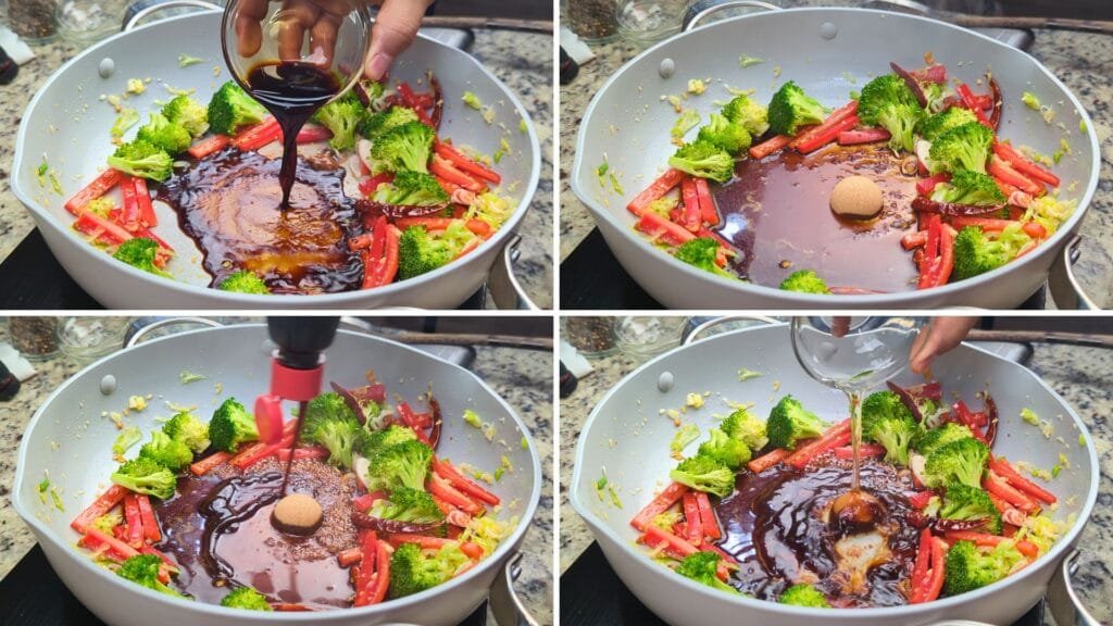 Adding Soy Sauce, Hoisin Sauce, Sugar and Rice Wine Vinegar tot he wok