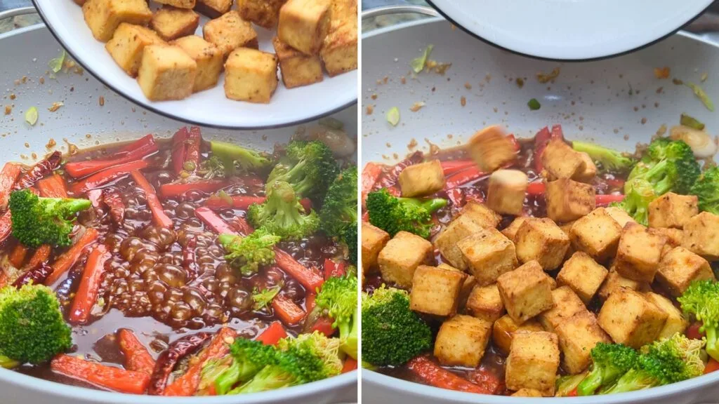 Adding Air fried Tofu to the sauce