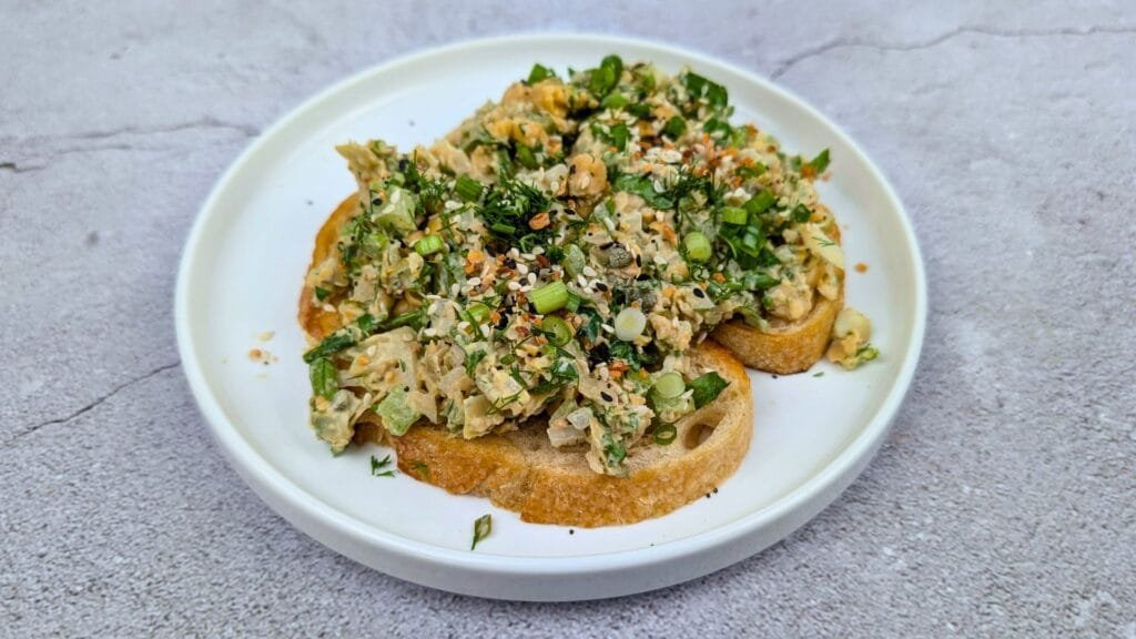 Vegan Tuna Salad on sourdough toast on white plate