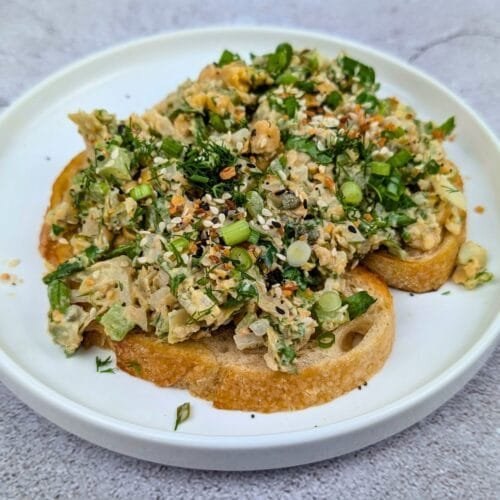 Vegan Tuna Salad on sourdough toast on white plate