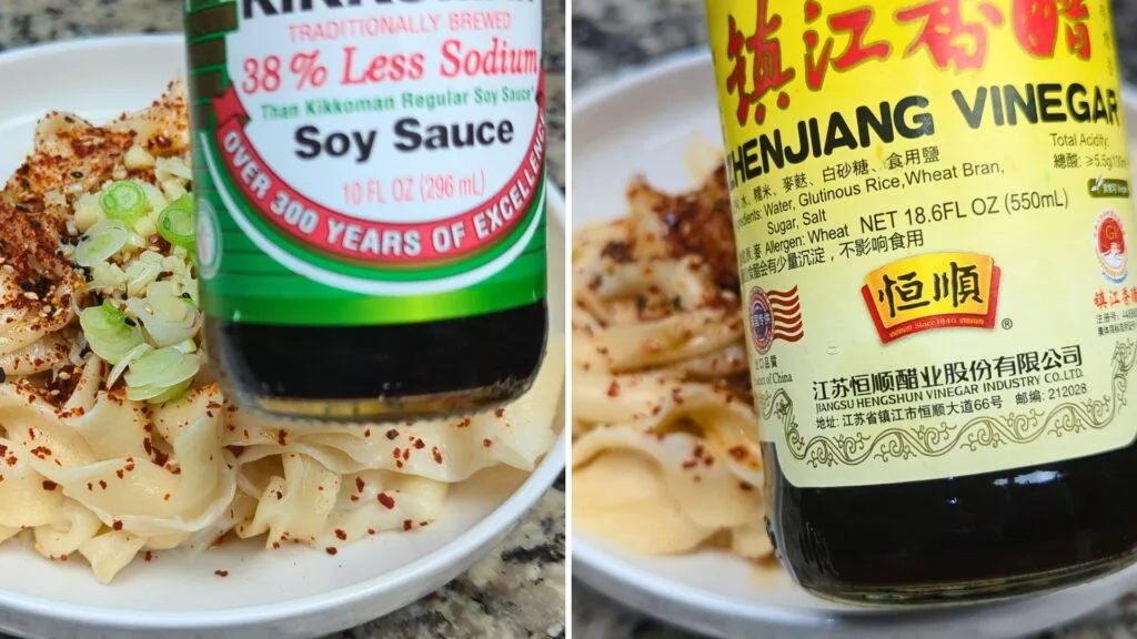 Adding Soy Sauce and Black Vinegar to the Noodles