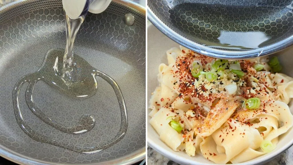 warming up oil and pouring over the noodles