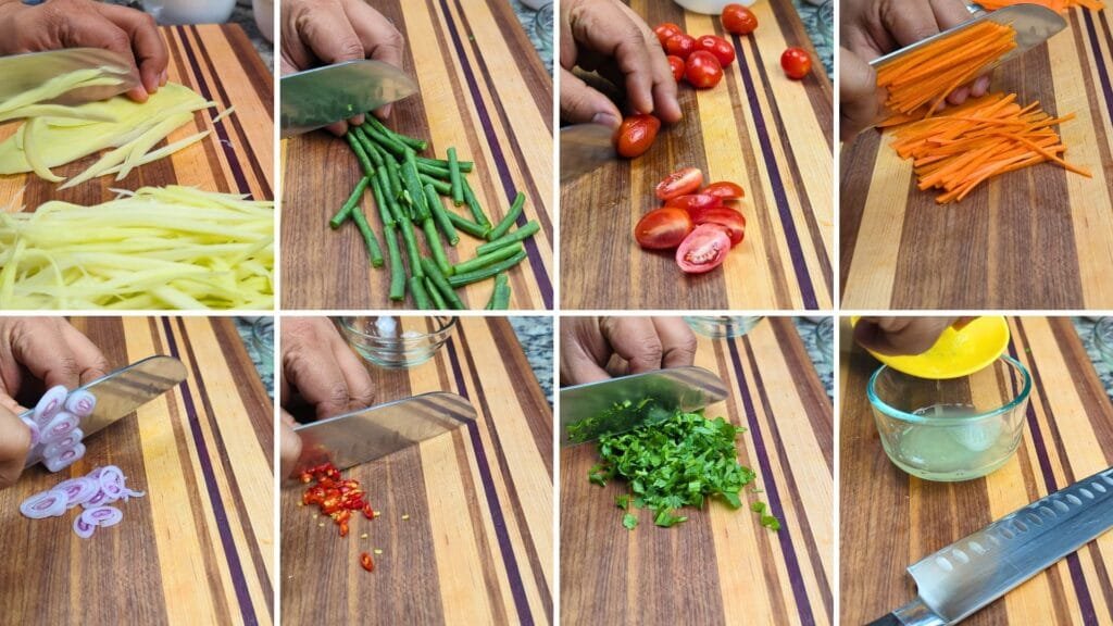 cutting vegetables for Papaya Salad