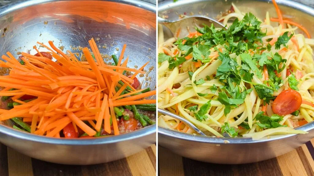 Adding Carrots and Green Papaya to the Bowl