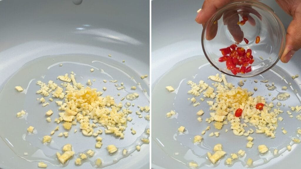 Adding minced garlic and Thai Chilis to hot oil