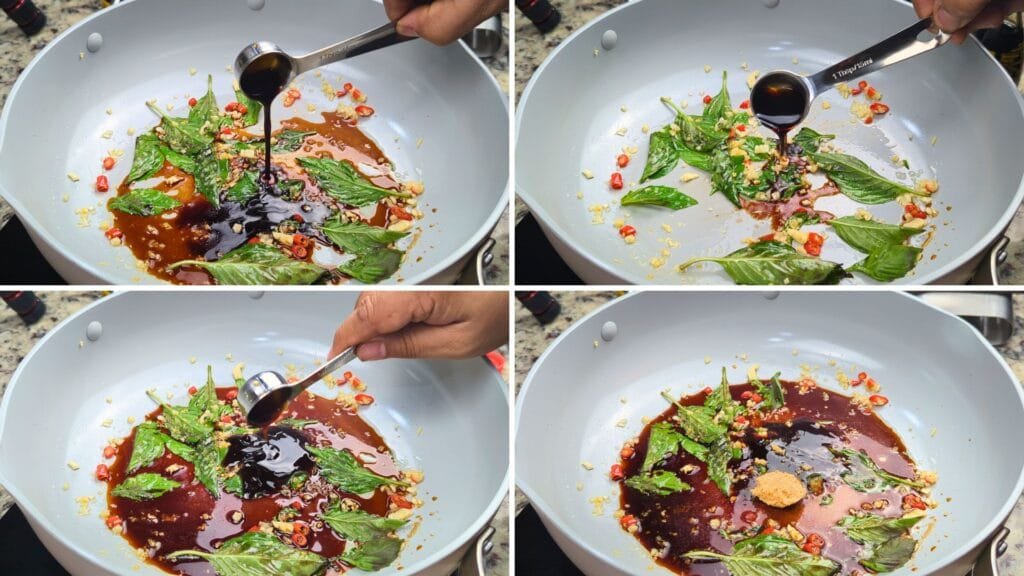 Adding Soy sauce, Dark Soy sauce, Oyster Sauce and Vegan Fish sauce with Sugar in the wok