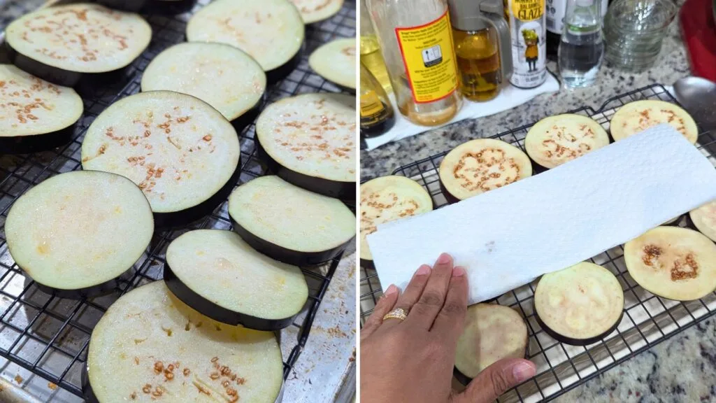 Eggplants are on wire rack and sprinkled salt to take water out