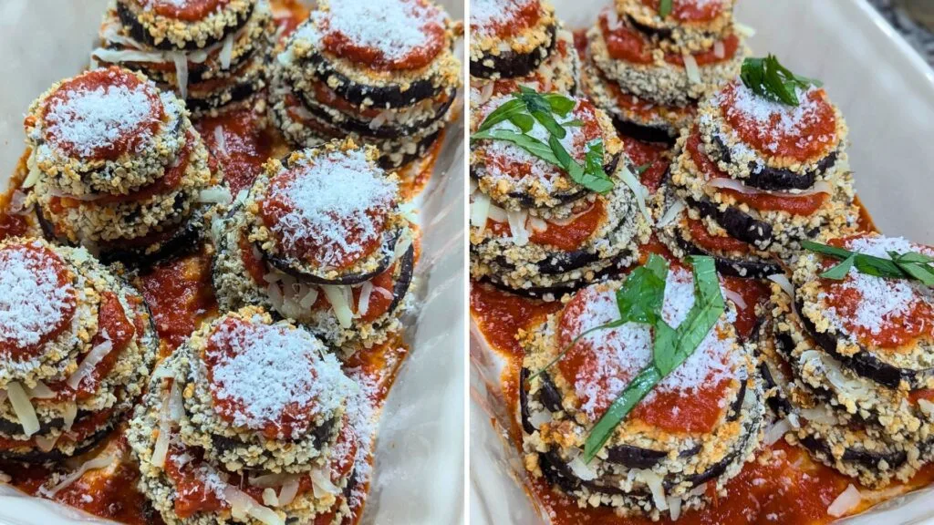 last layer of eggplant on the top with some Basil