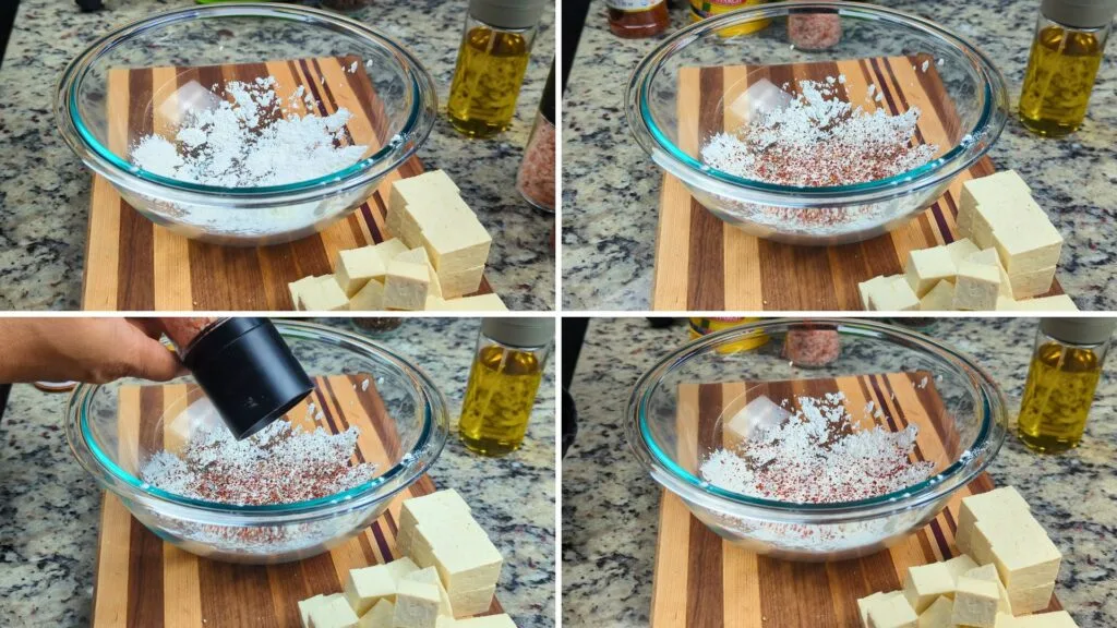 Adding Cornstarch, salt, black pepper and Gochugaru in a bowl