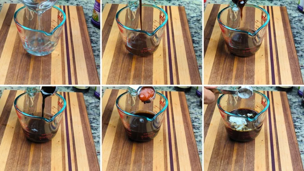 Adding ingredients to the measuring cup to make the sauce