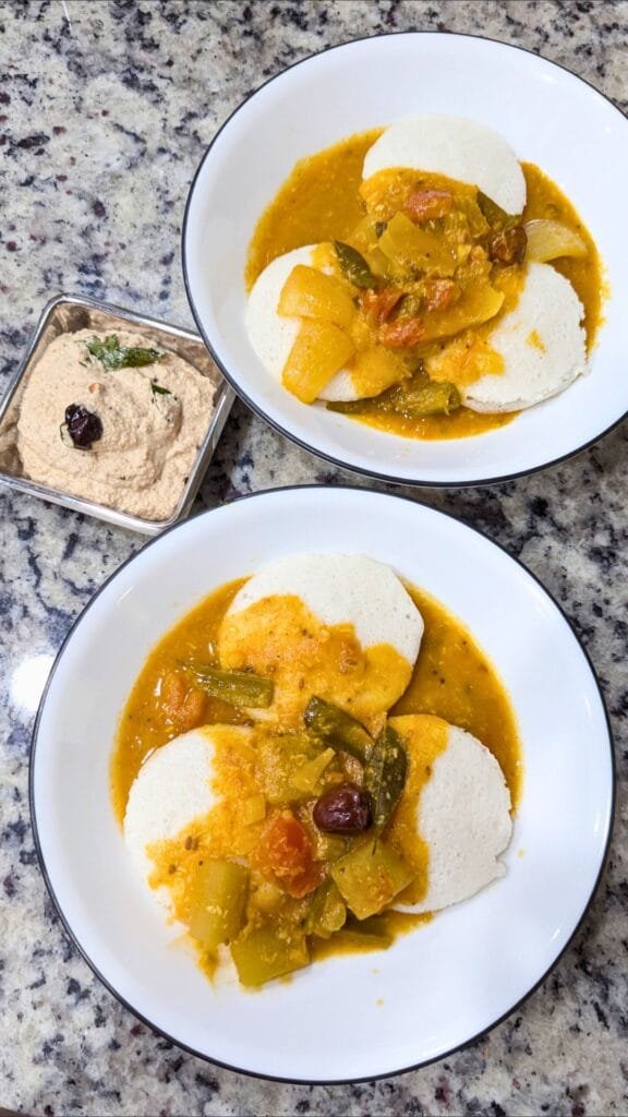 enjoying Sesame Chutney with Idli Sambhar