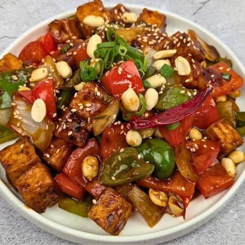 Spicy Peanut Tofu served in white plate