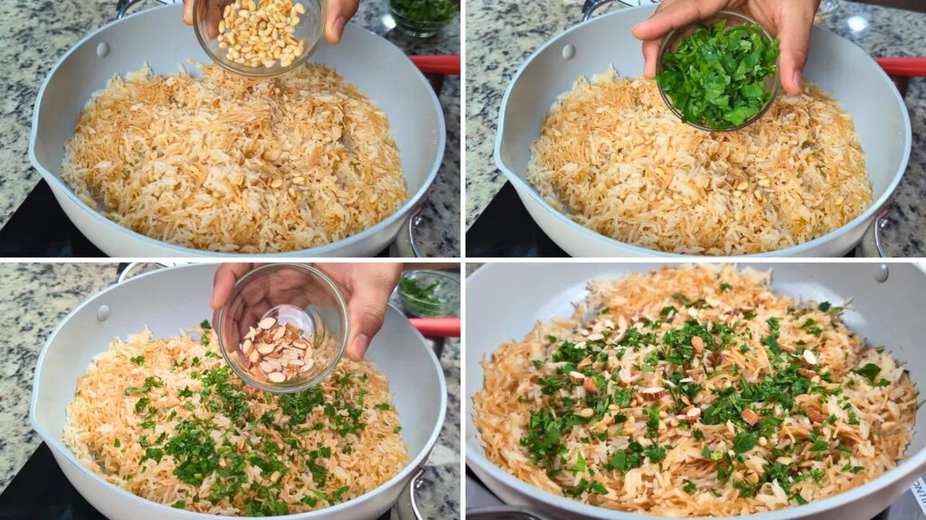 Garnish Rice with pine nuts, Almonds and Parsley 