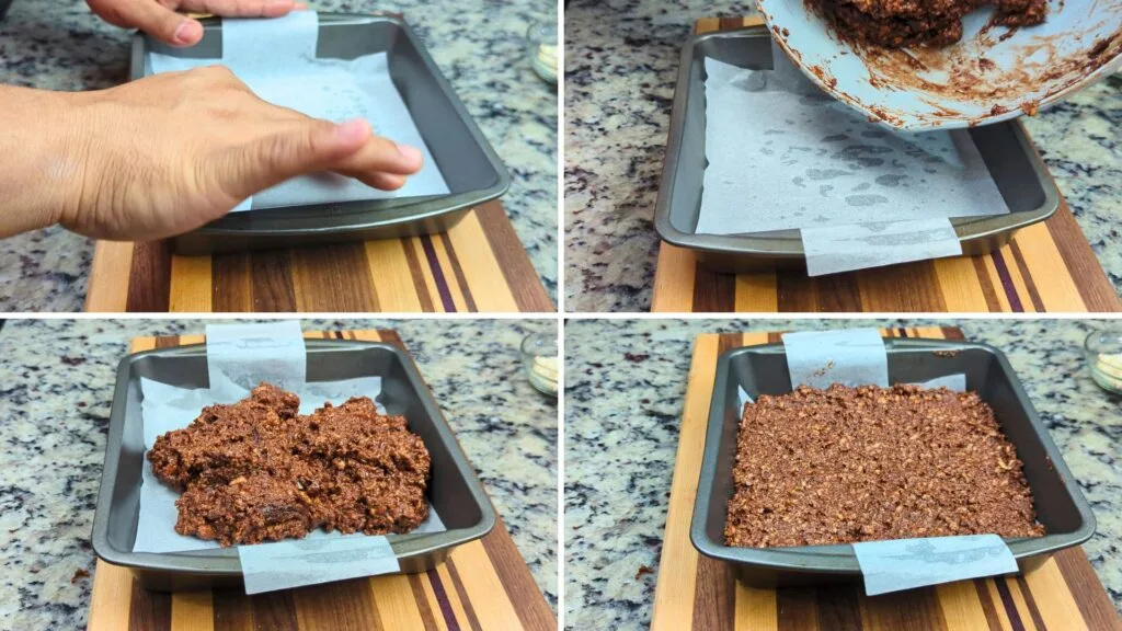 transferring the cooked Coffee Kalakand mixture to the baking pan