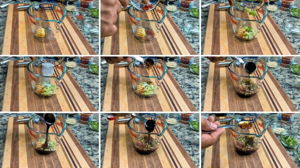 adding ingredients to make chili garlic sauce for steamed tofu