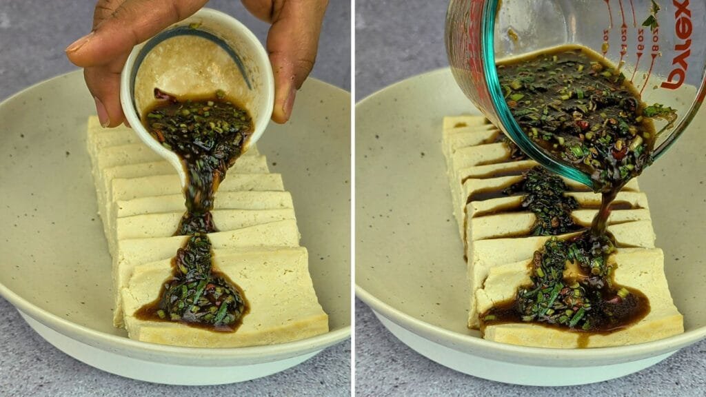 Pouring sauce on the steamed tofu