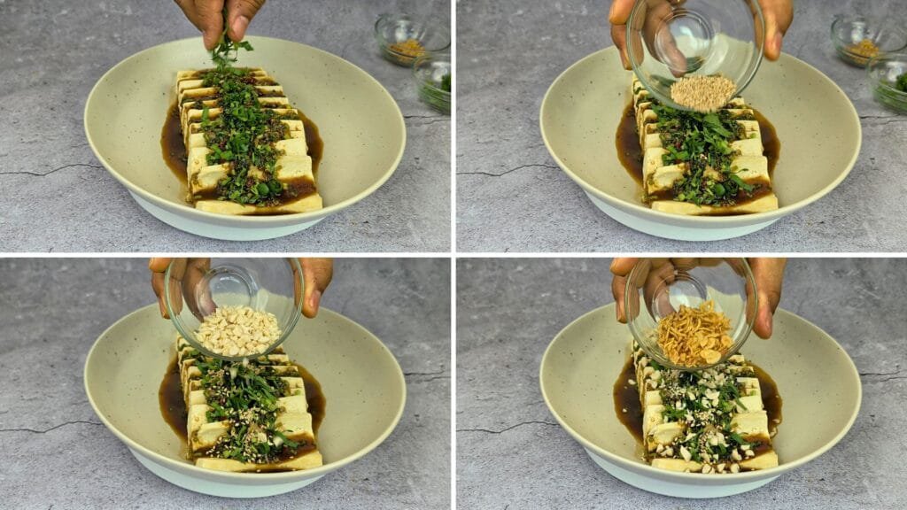 topping off with extra cilantro, crushed peanuts and green of scallions