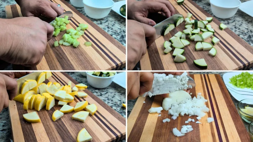 cut Zucchini, Carrots, Onions, Yellow Squash and Celery for Tomato Vegetable Soup