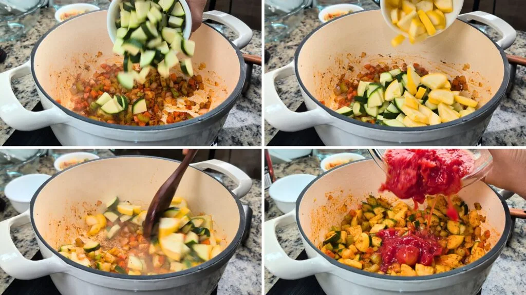 Add Zucchini, Yellow Squash and Whole peeled Tomatoes and  mix it