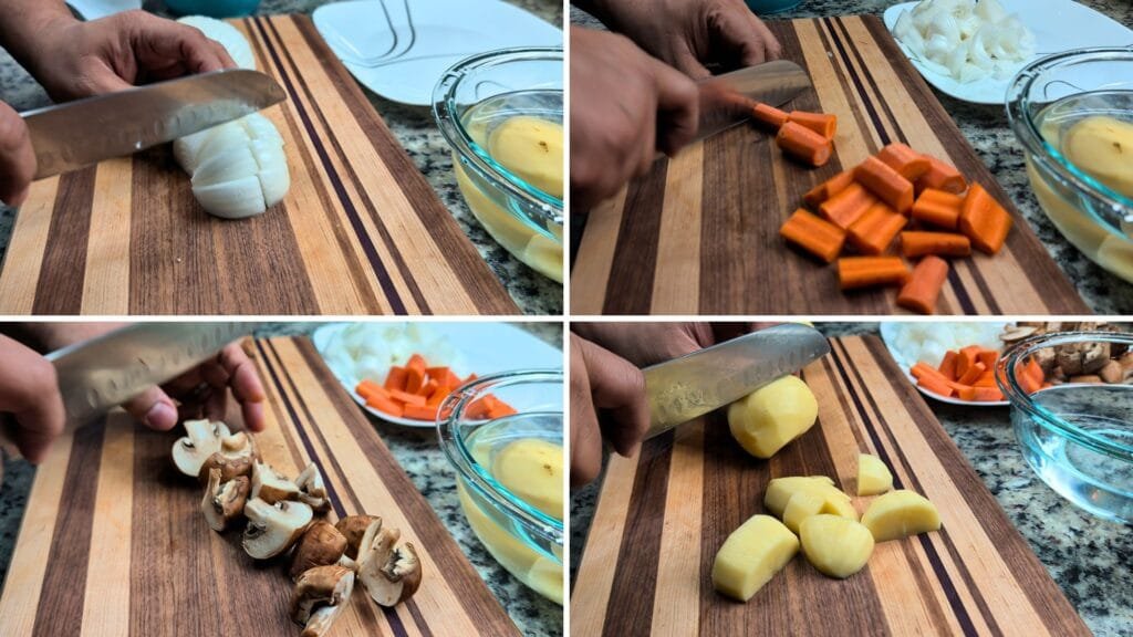 Cut Onions, Potatoes, Carrots and Mushrooms for Mushroom Potato Stew.