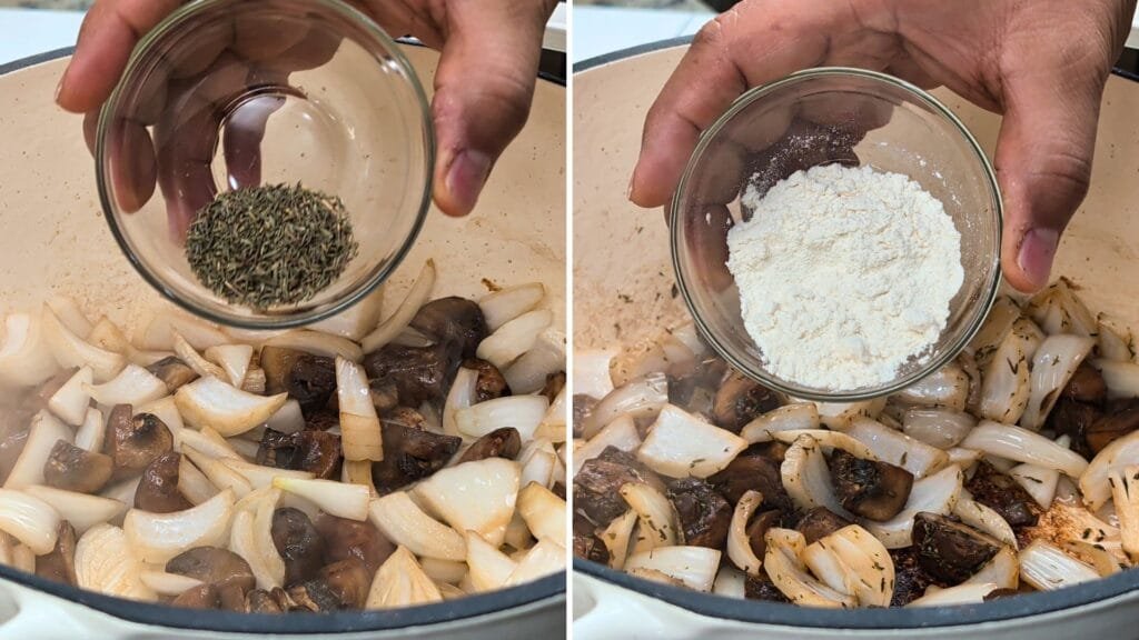 Adding Dried Thyme and All Purpose Flour to the Dutch oven