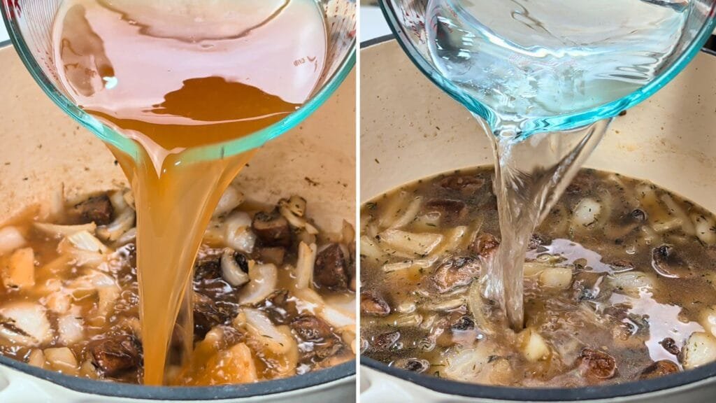 Adding Vegetable Stock and Water to the pot