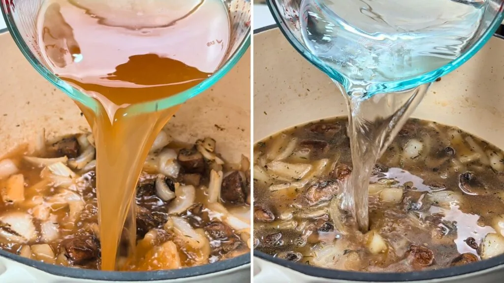 Adding Vegetable Stock and Water to the pot