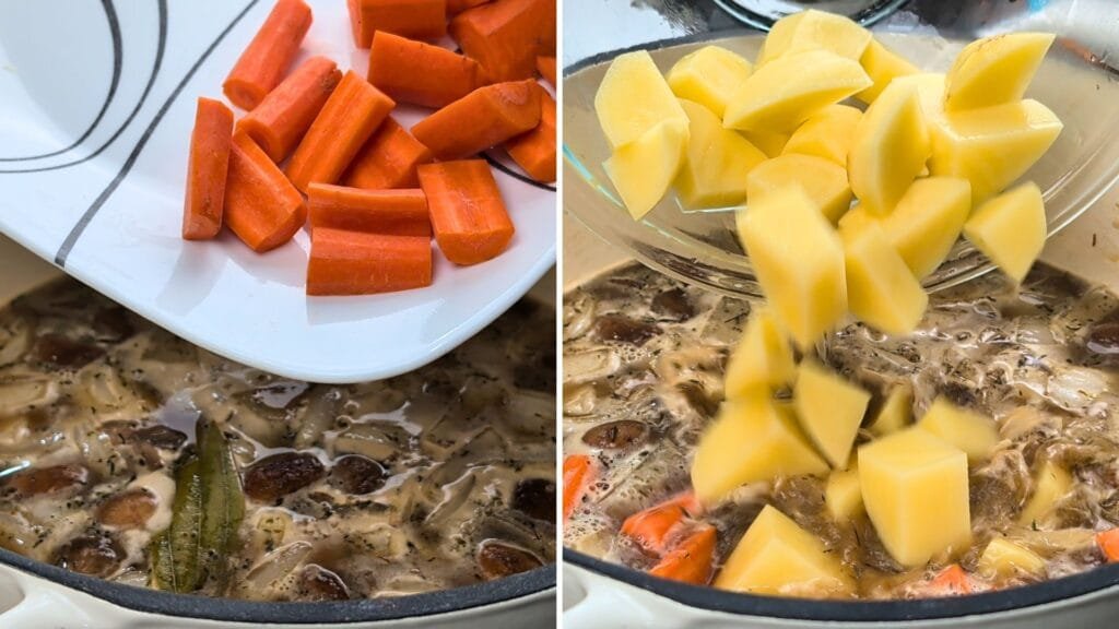 Adding Carrots and Potatoes to the Dutch oven