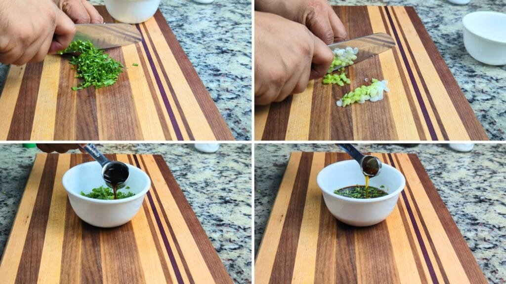 Adding Scallions, Cilantro, Soy Sauce and Black Vinegar