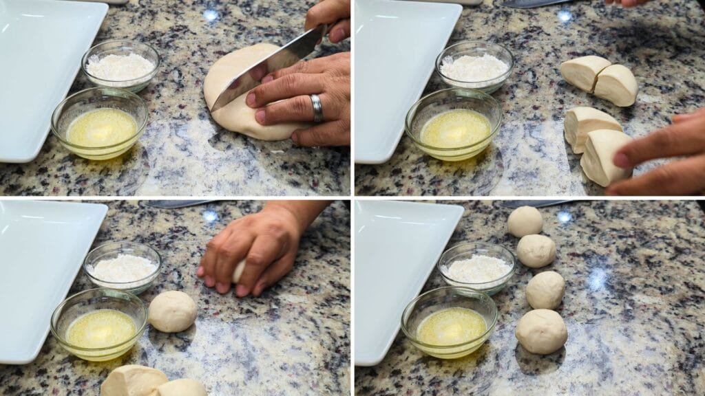 Cut the Dough in Half and then another half with 4 balls